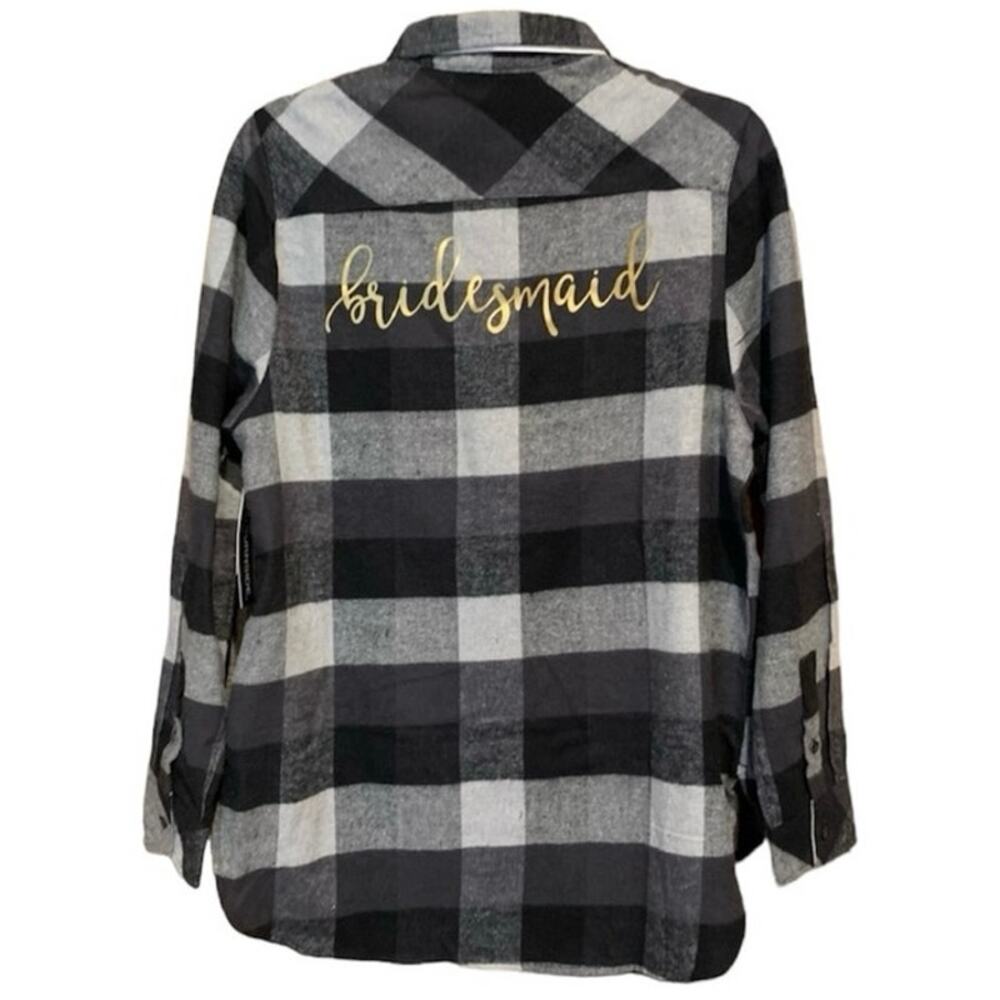 NWT “Bridesmaid” Flannel Plaid Button Down Shirt Size M